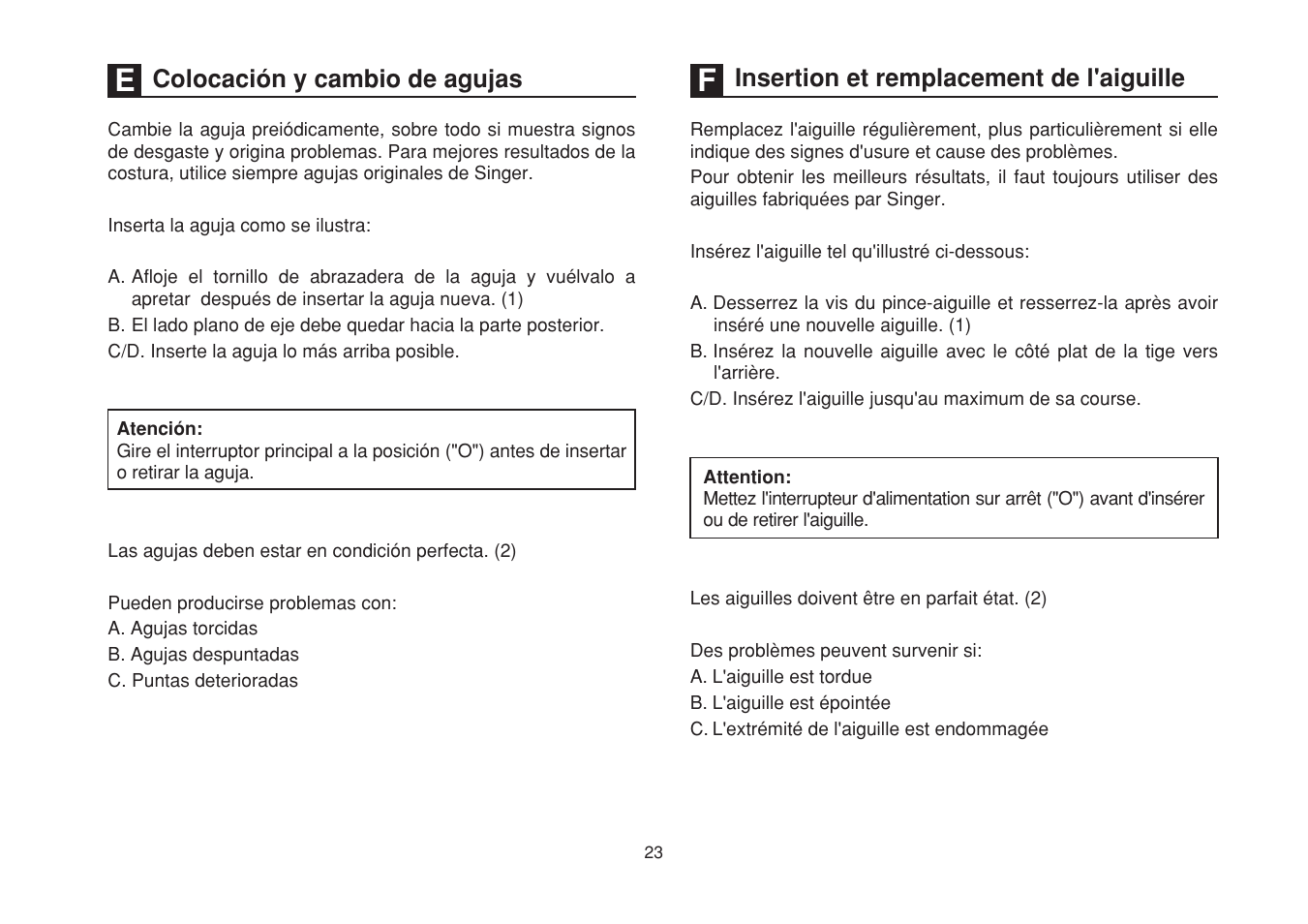 Colocación y cambio de agujas, Insertion et remplacement de l'aiguille | SINGER 1748 User Manual | Page 30 / 96