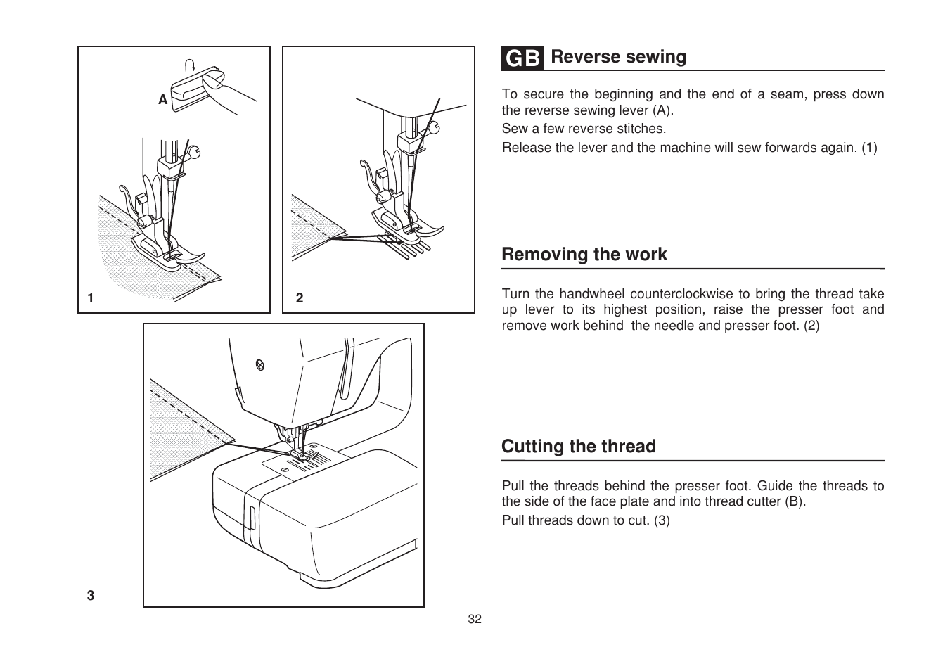 Removing the work cutting the thread, Reverse sewing | SINGER 1748 User Manual | Page 39 / 96
