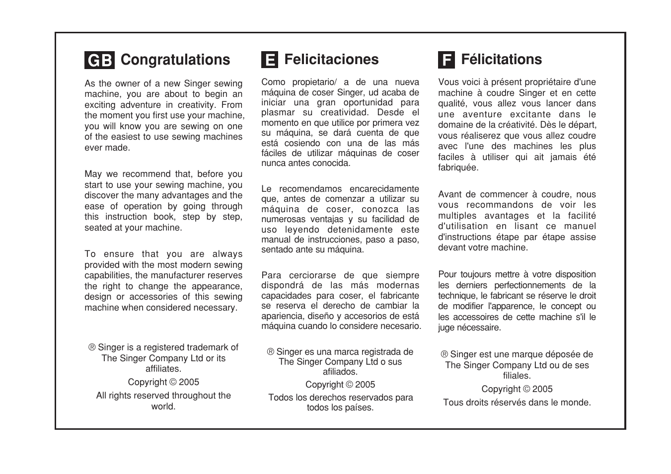 Felicitaciones, Félicitations | SINGER 1748 User Manual | Page 5 / 96