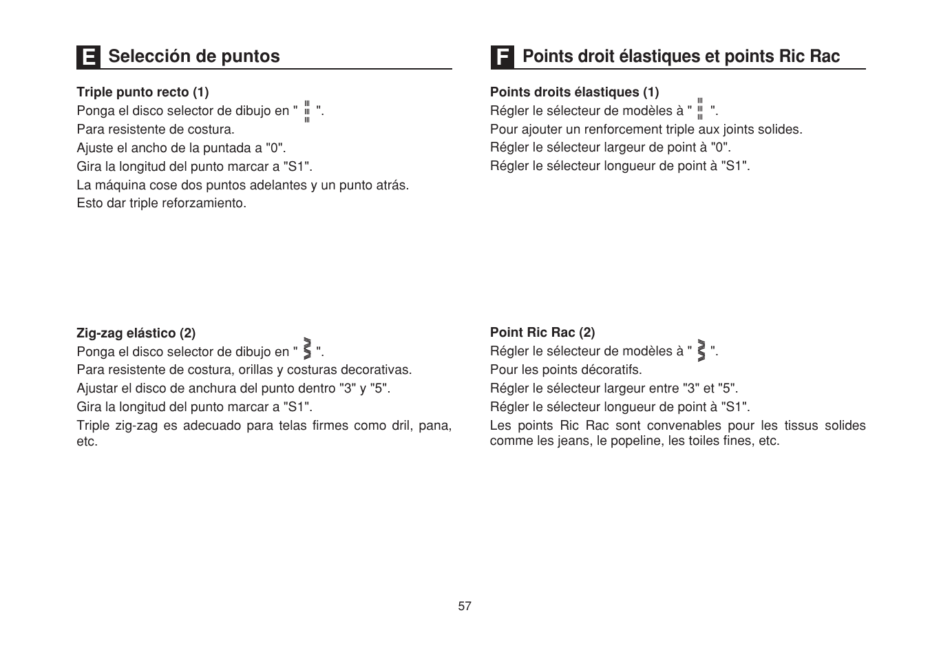 Selección de puntos, Points droit élastiques et points ric rac | SINGER 1748 User Manual | Page 64 / 96