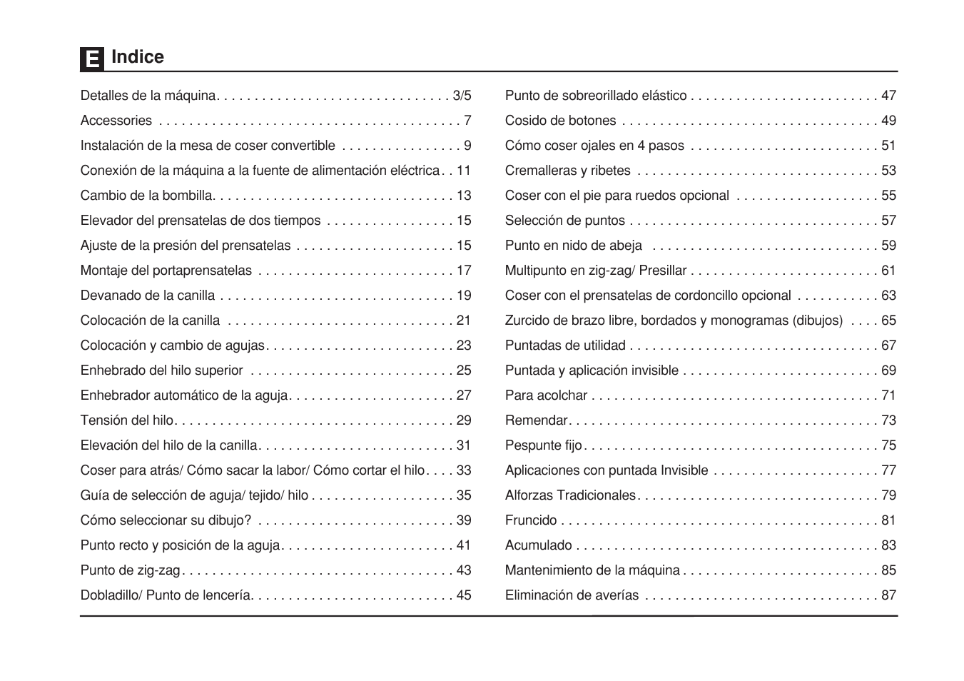 Indice | SINGER 1748 User Manual | Page 7 / 96