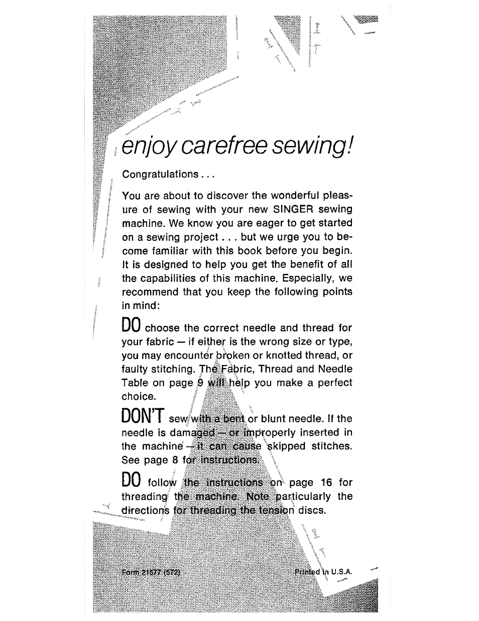 Enjoy carefree sewingi, Don’t | SINGER 177 User Manual | Page 2 / 68
