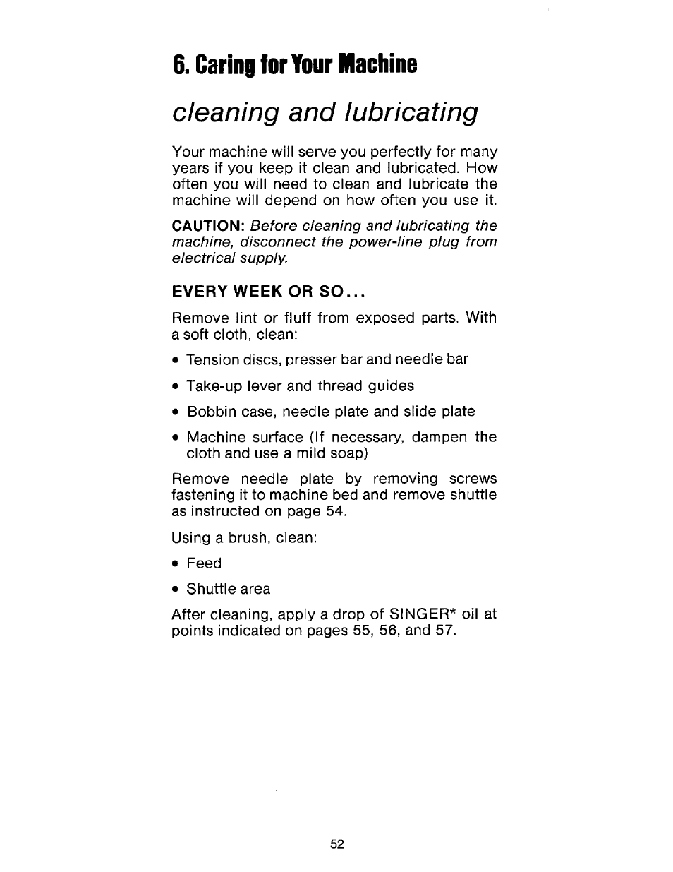 Caring for your machine, Cleaning and lubricating | SINGER 177 User Manual | Page 54 / 68