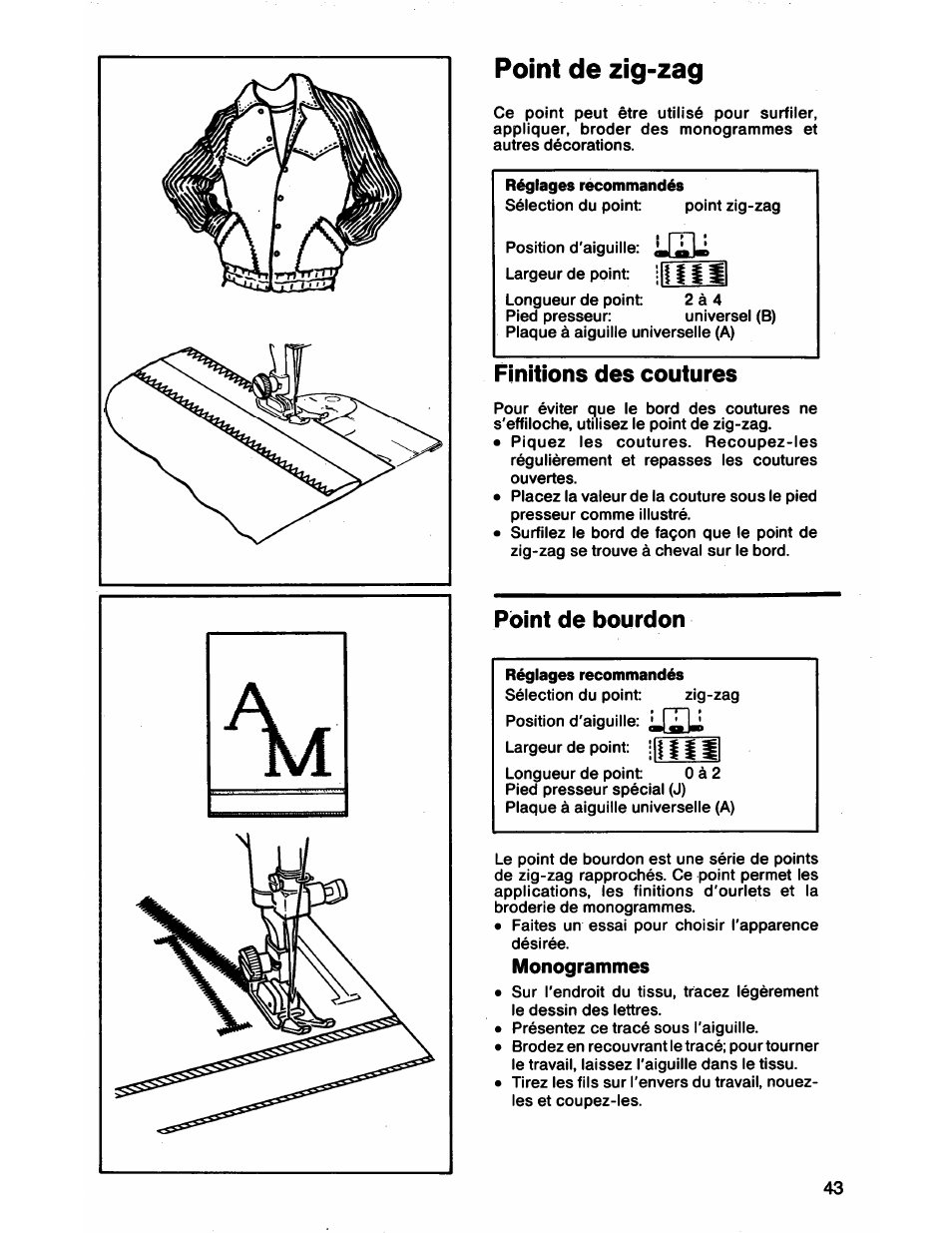 Point de zig-zag, Punto zig-zag, Finitions des coutures | Point de bourdon | SINGER 1872 User Manual | Page 45 / 64