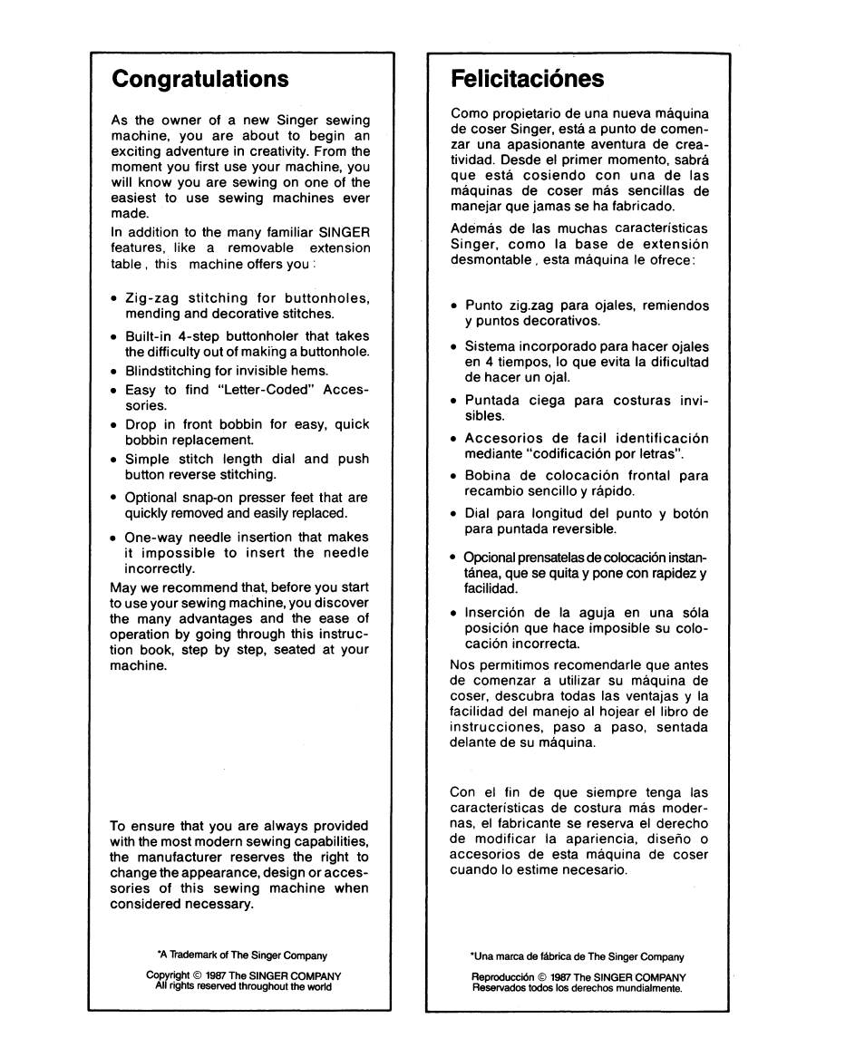 Congratulations, Felicitaciónes | SINGER 1873 User Manual | Page 2 / 76