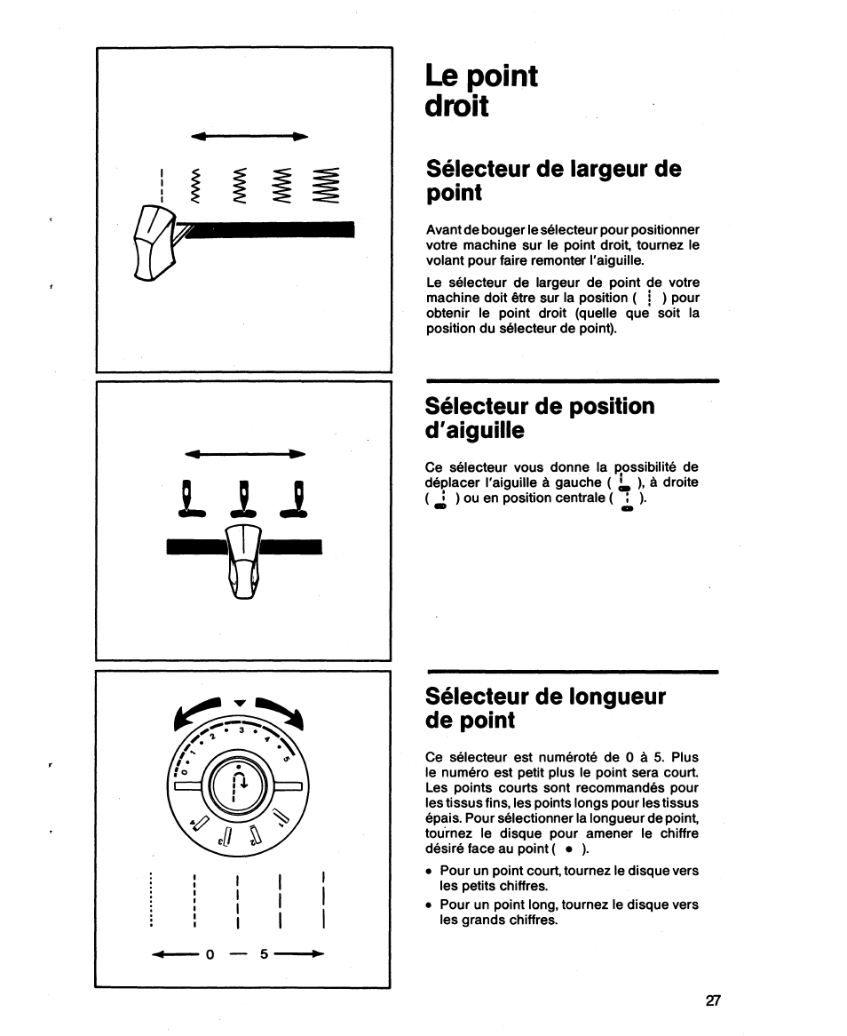 Le point droit, Sélecteur de largeur de point, Sélecteur de position d'aiguille | Sélecteur de longueur de point, Point droit | SINGER 1873 User Manual | Page 29 / 76