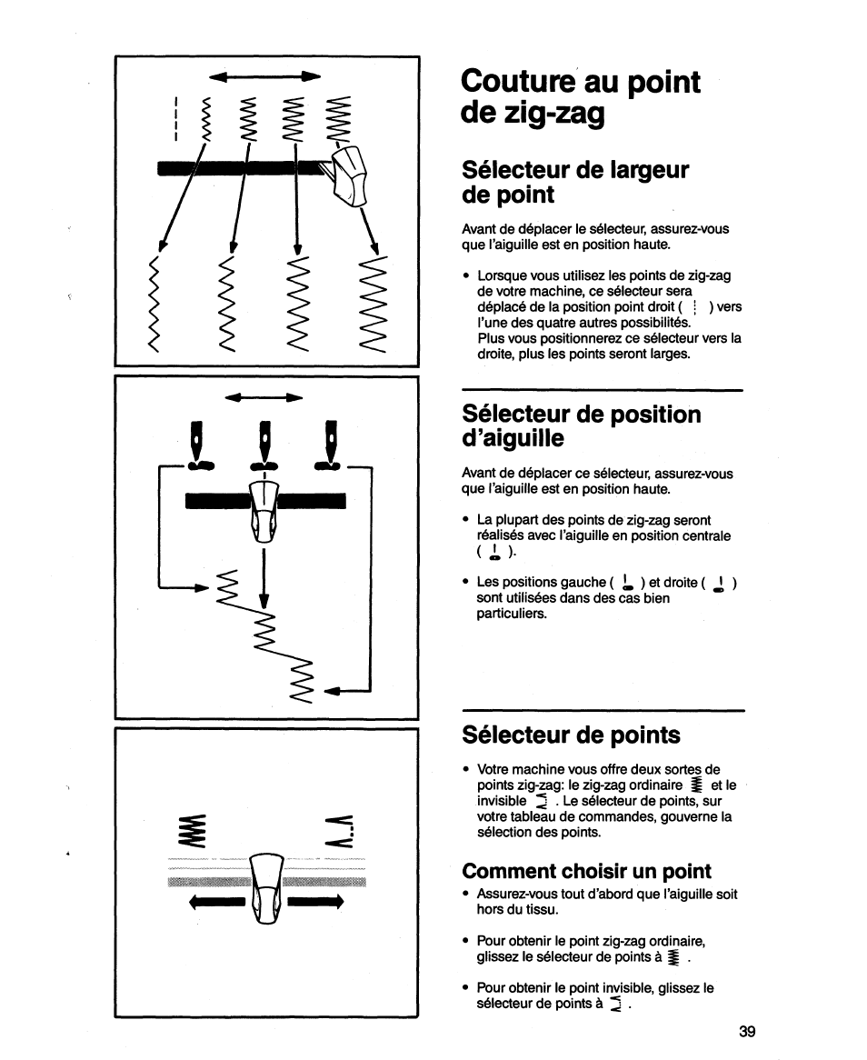 Couture au point de zig-zag, Sélecteur de largeur de point, Sélecteur de points | Sélecteur de position d’aiguille, Comment choisir un point | SINGER 1873 User Manual | Page 41 / 76
