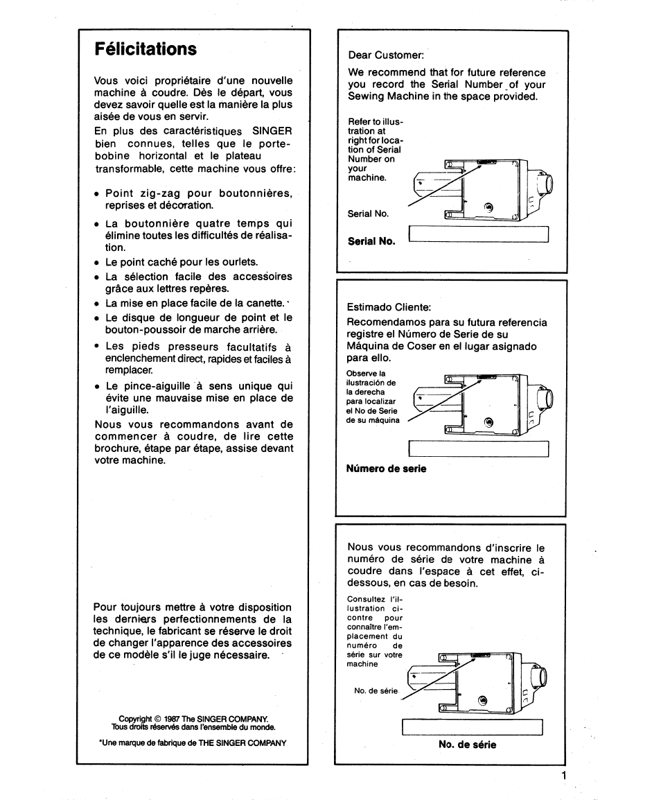 Félicitations | SINGER 1862 User Manual | Page 3 / 92