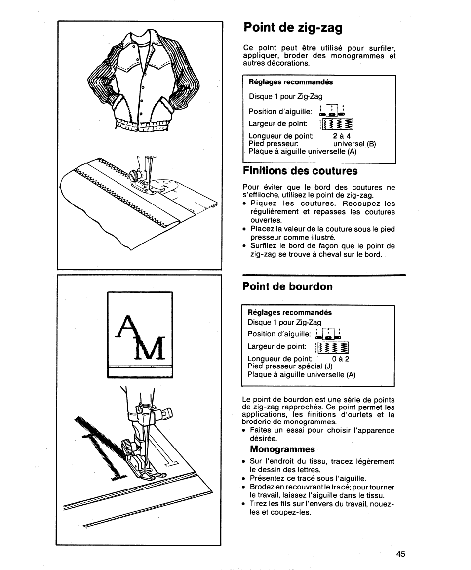 Point de zig-zag, Punto zig-zag, Finitions des coutures | Point de bourdon | SINGER 1862 User Manual | Page 47 / 92