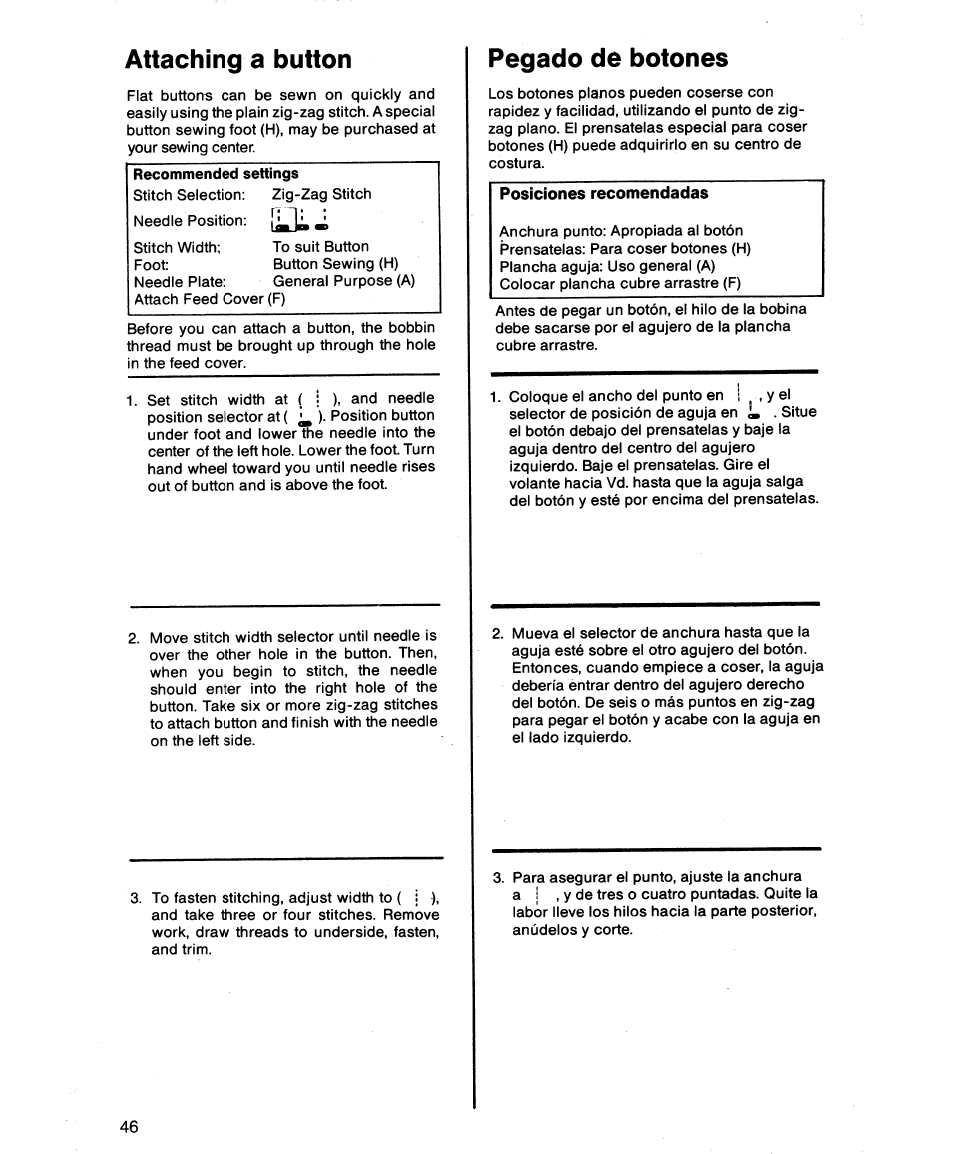 Attaching a button, Pegado de botones, Pegado de un botón | SINGER 1862 User Manual | Page 48 / 92