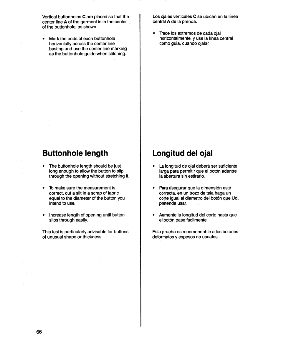Buttonhole length, Longitud del ojal | SINGER 1862 User Manual | Page 68 / 92