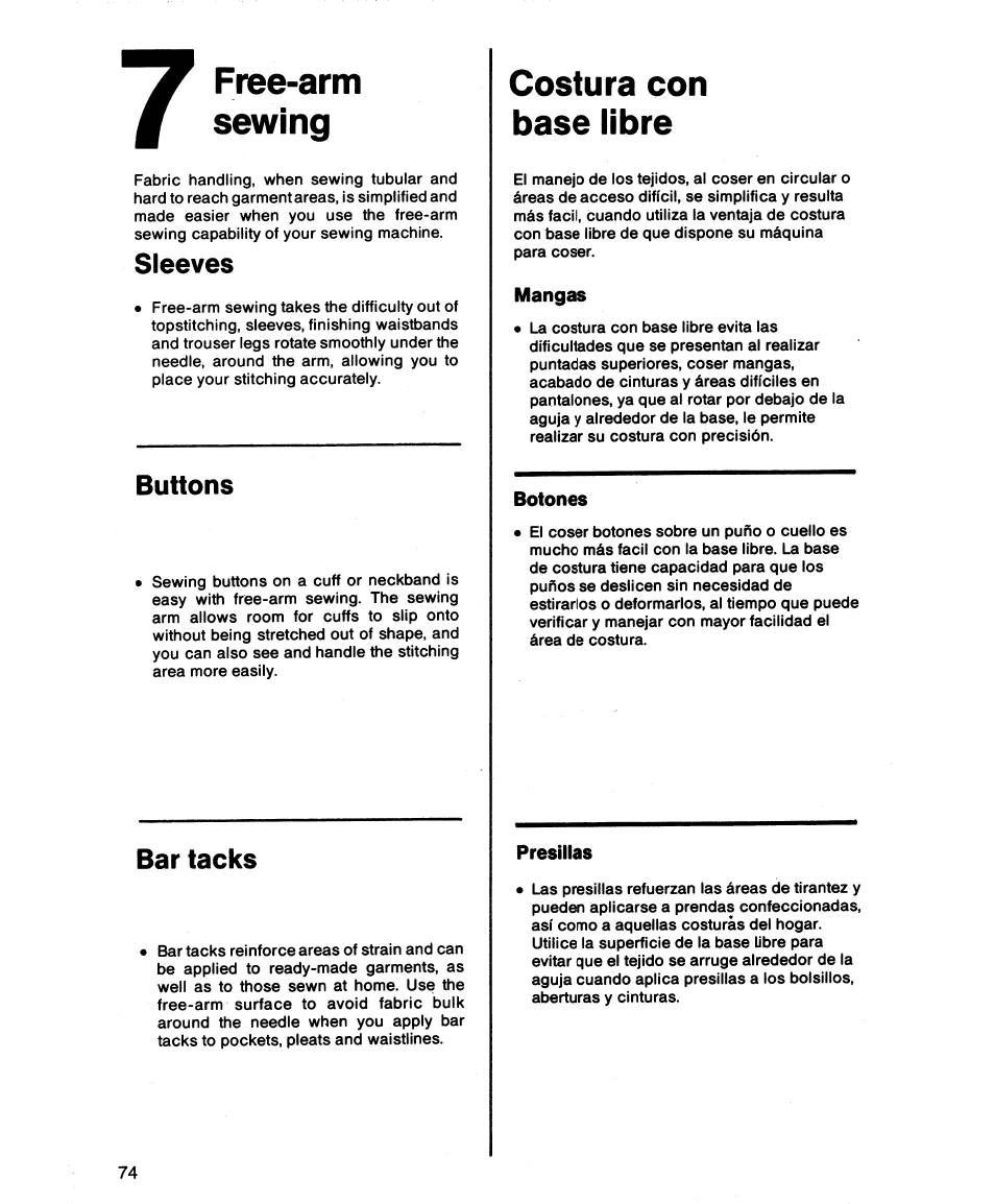 Free-arm, Sewing, Sleeves | Buttons, Bar tacks, Costura con base libre, Free-arm sewing | SINGER 1862 User Manual | Page 76 / 92