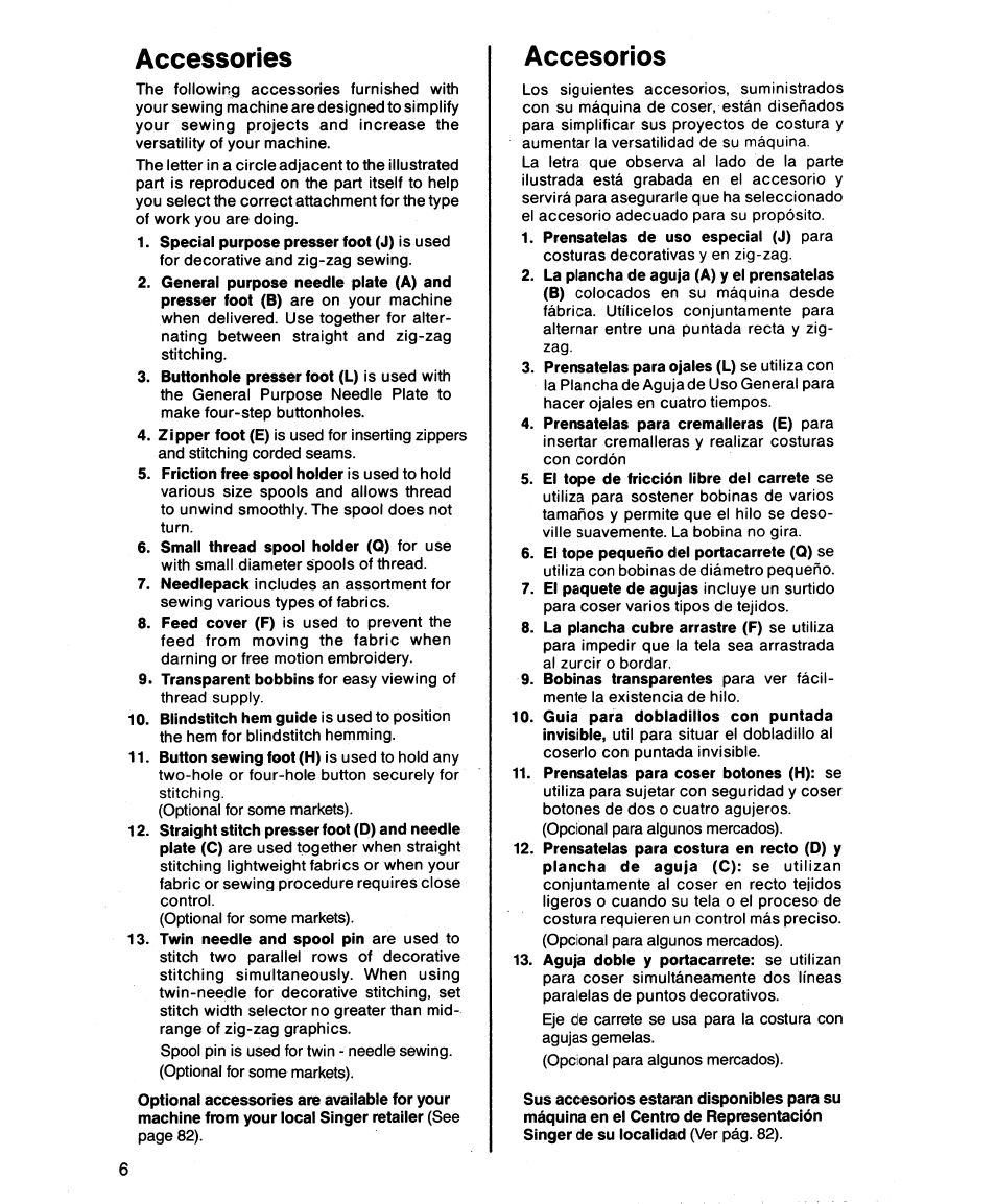 Accessories, Accesorios | SINGER 1862 User Manual | Page 8 / 92