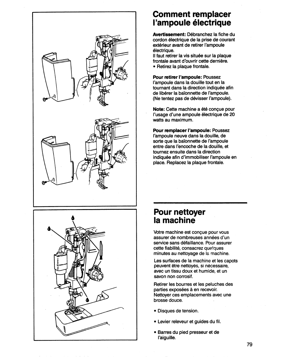 Comment remplacer l’ampoule électrique, Pour nettoyer la machine | SINGER 1862 User Manual | Page 81 / 92