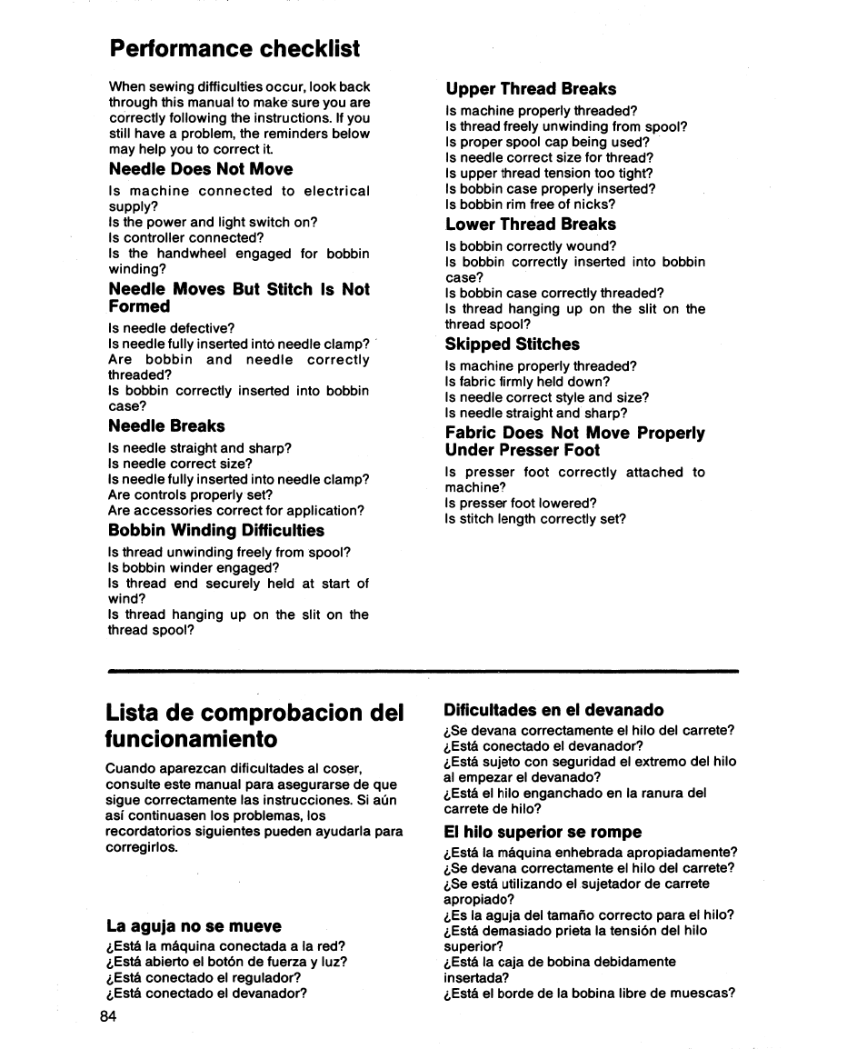 Performance checklist, Lista de comprobación dei funcionamiento | SINGER 1862 User Manual | Page 86 / 92