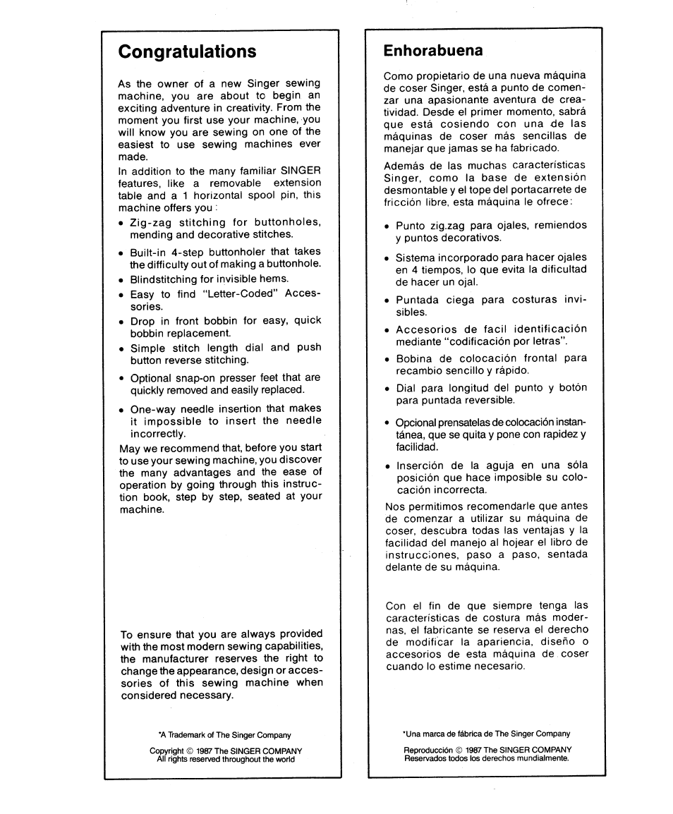 Congratulations, Enhorabuena | SINGER 1862 User Manual | Page 91 / 92