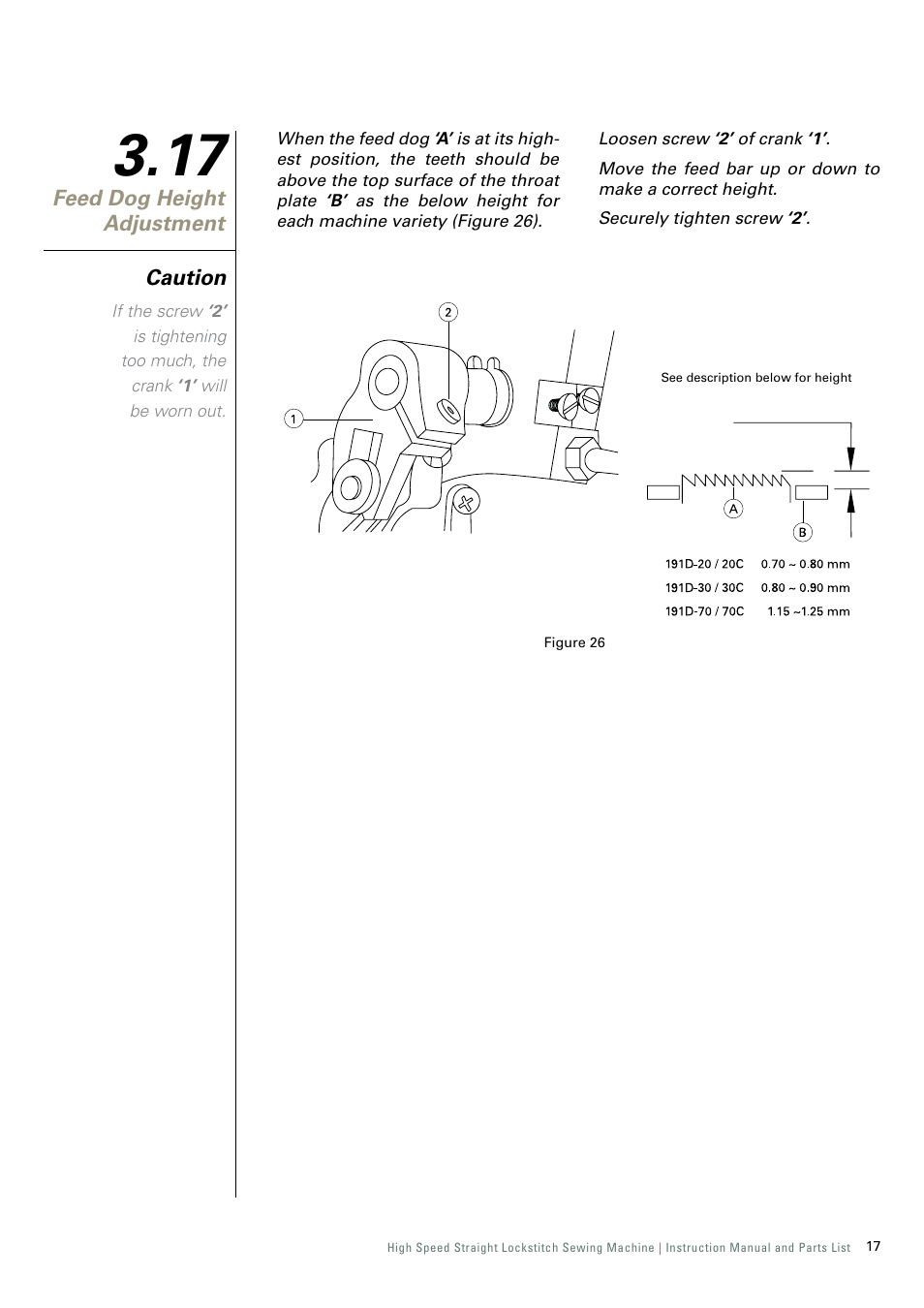 17 feed dog height adjustment, Feed dog height adjustment, Caution | SINGER 191D-30 User Manual | Page 20 / 45