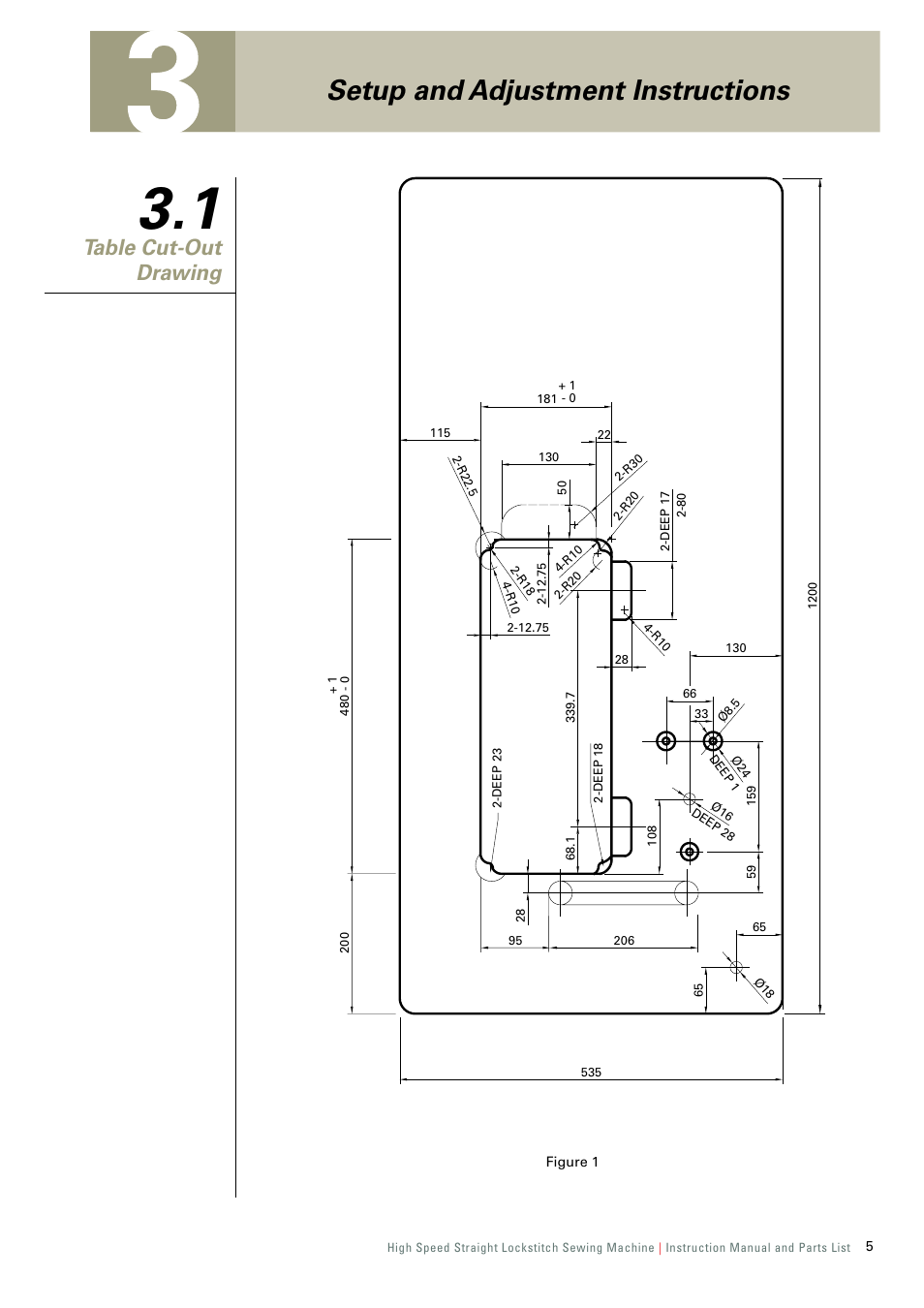 Setup and adjustment instructions, 1 table cut-out drawing, Table cut-out drawing | SINGER 191D-30 User Manual | Page 8 / 45