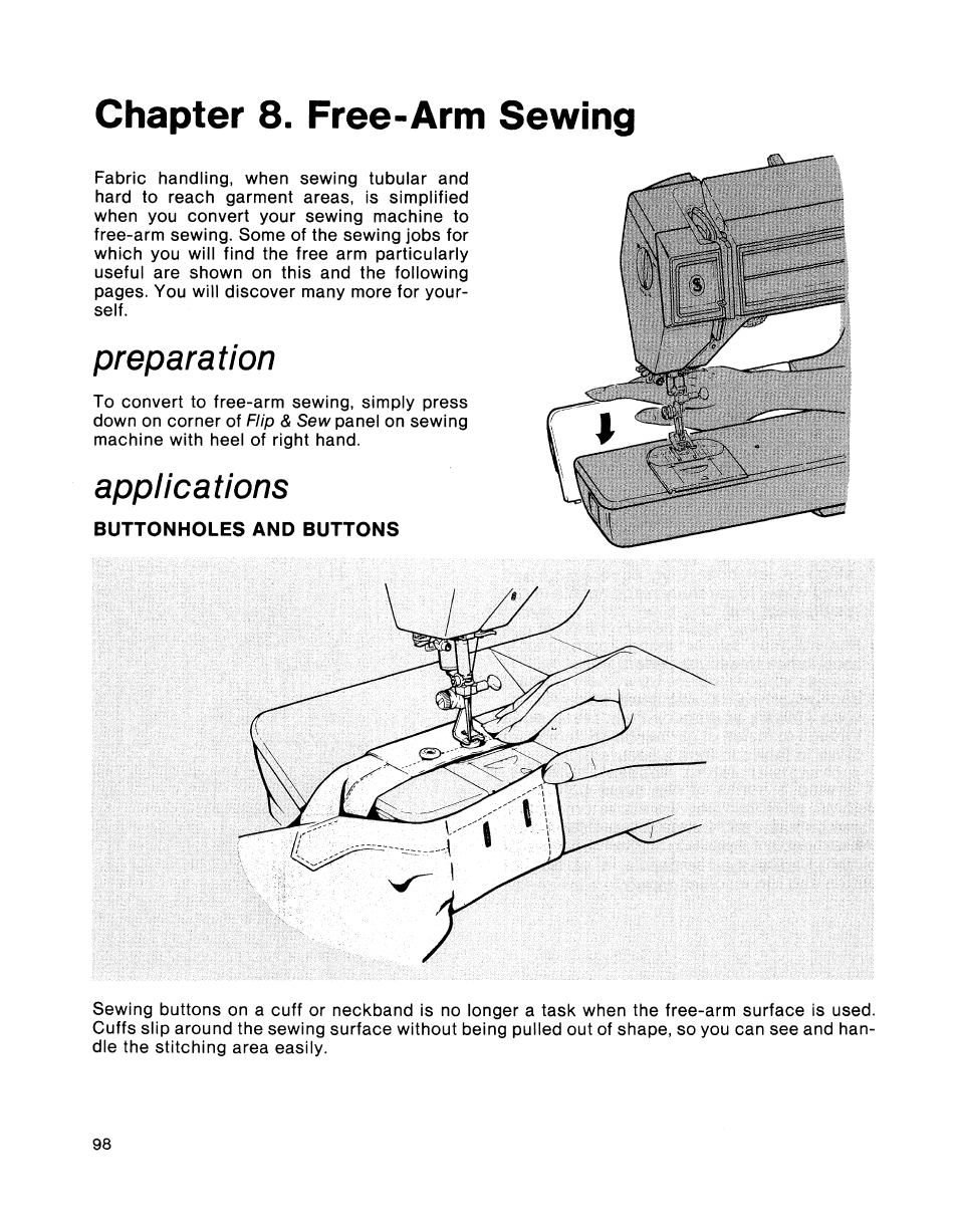 Chapter 8. free-arm sewing, Preparation, Applications | Buttonholes and buttons, Chapter 8, Free-arm sewing | SINGER 2001 TouchTronic User Manual | Page 112 / 126