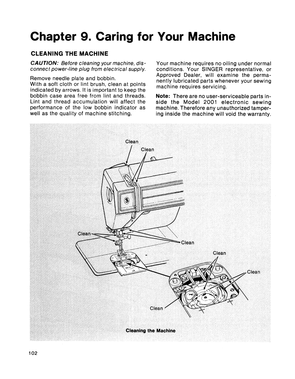 Chapter 9. caring for your machine, Cleaning the machine, Chapter 9 | Caring for your machine | SINGER 2001 TouchTronic User Manual | Page 116 / 126