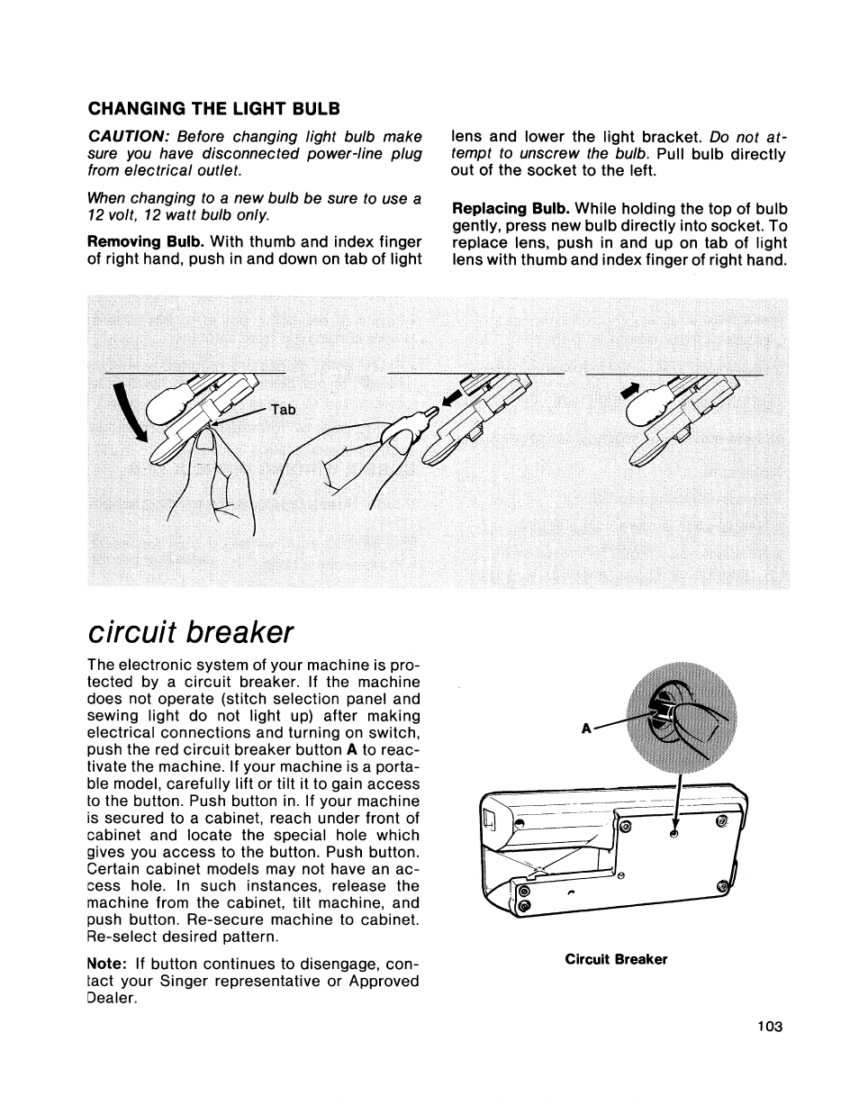 Changing the light bulb, Circuit breaker | SINGER 2001 TouchTronic User Manual | Page 117 / 126