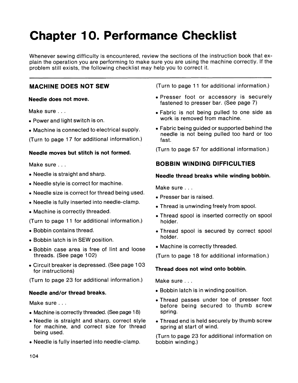 Chapter 10. performance checklist, Bobbin winding difficulties, Needle thread breaks while winding bobbin | Thread does not wind onto bobbin | SINGER 2001 TouchTronic User Manual | Page 118 / 126