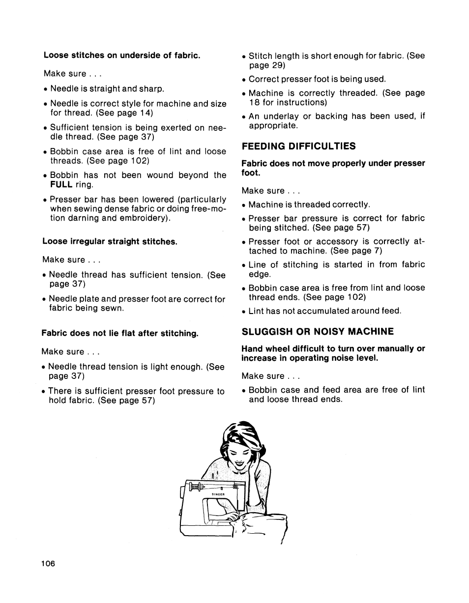 Feeding difficulties, Sluggish or noisy machine | SINGER 2001 TouchTronic User Manual | Page 120 / 126