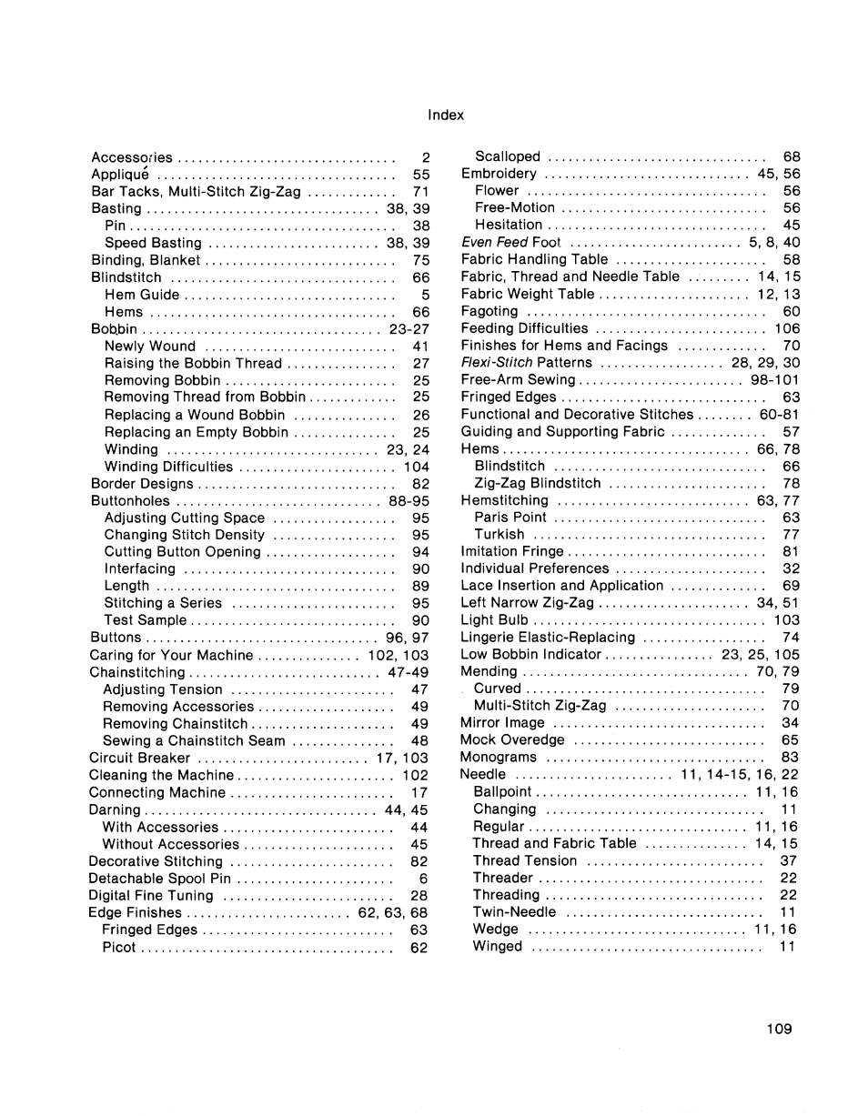 Index | SINGER 2001 TouchTronic User Manual | Page 123 / 126