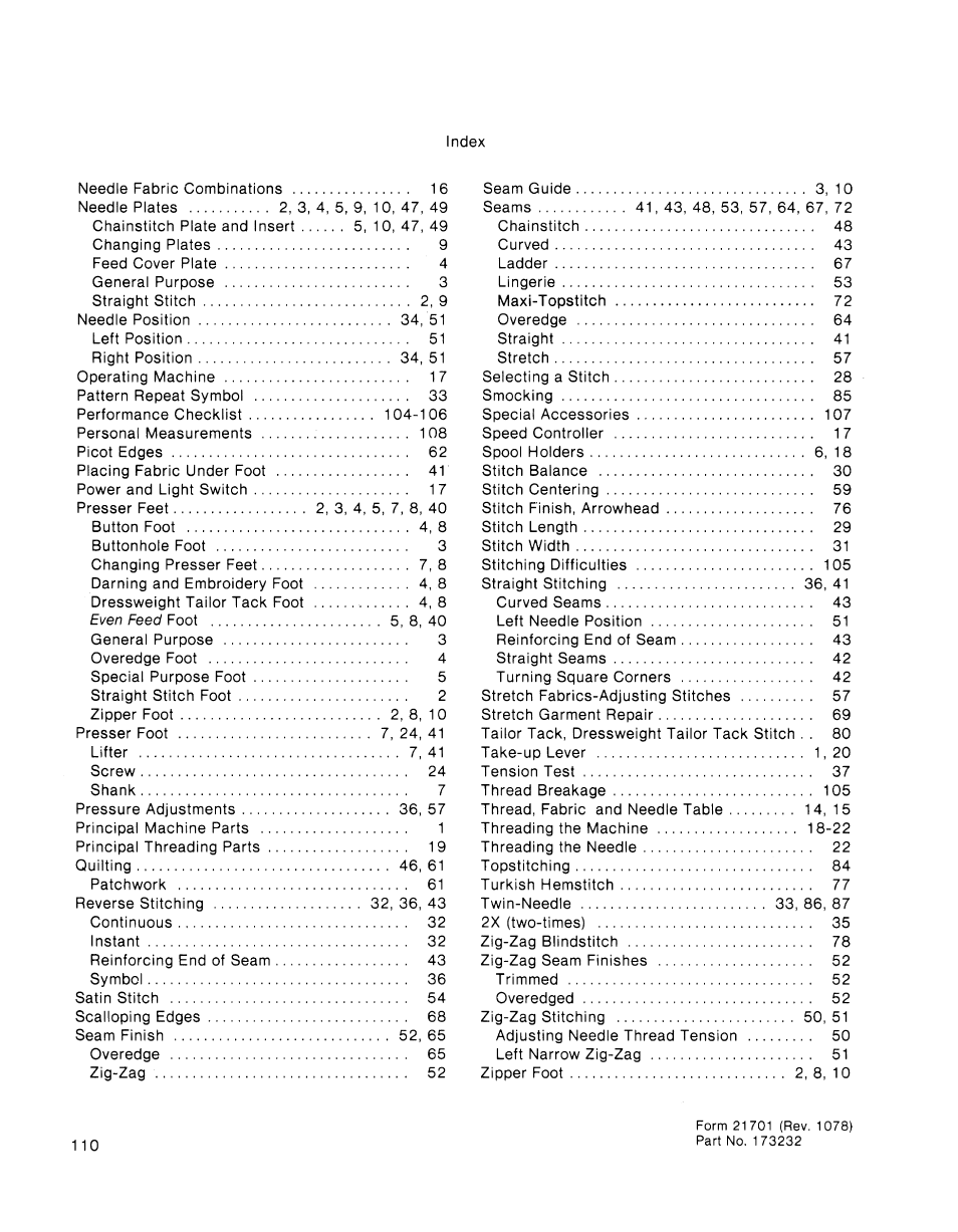 Index | SINGER 2001 TouchTronic User Manual | Page 124 / 126