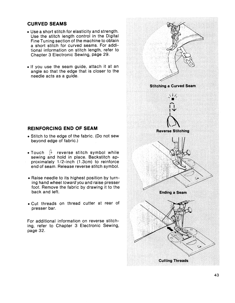 Curved seams, Reinforcing end of seam | SINGER 2001 TouchTronic User Manual | Page 49 / 126