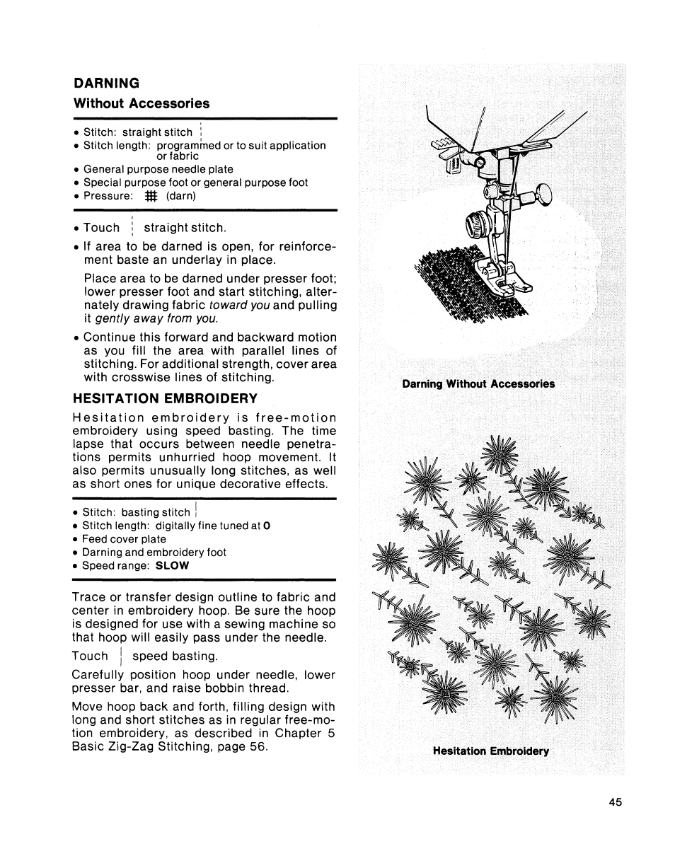 Darning, Without accessories, Hesitation embroidery | SINGER 2001 TouchTronic User Manual | Page 51 / 126