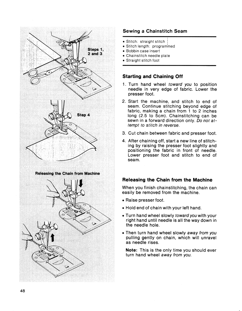 Starting and chaining off, Releasing the chain from the machine | SINGER 2001 TouchTronic User Manual | Page 54 / 126