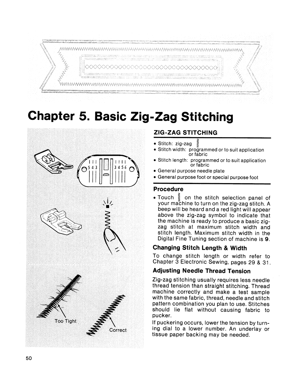 Chapter 5. basic zig-zag stitching, Zig-zag stitching, Procedure | Changing stitch length & width, Adjusting needle thread tension, Chapter, Basic zig-zag stitching | SINGER 2001 TouchTronic User Manual | Page 56 / 126