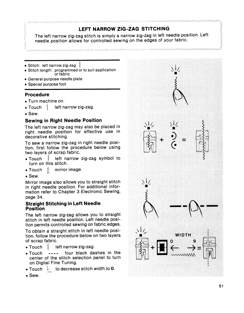 Left narrow zig-zag stitching, Procedure | SINGER 2001 TouchTronic User Manual | Page 57 / 126