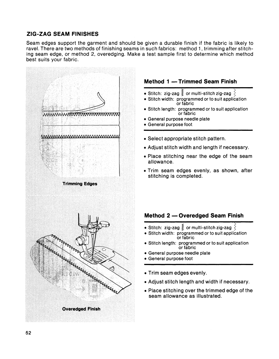 Method 1 —trimmed seam finish, Method 2 — overedged seam finish | SINGER 2001 TouchTronic User Manual | Page 58 / 126