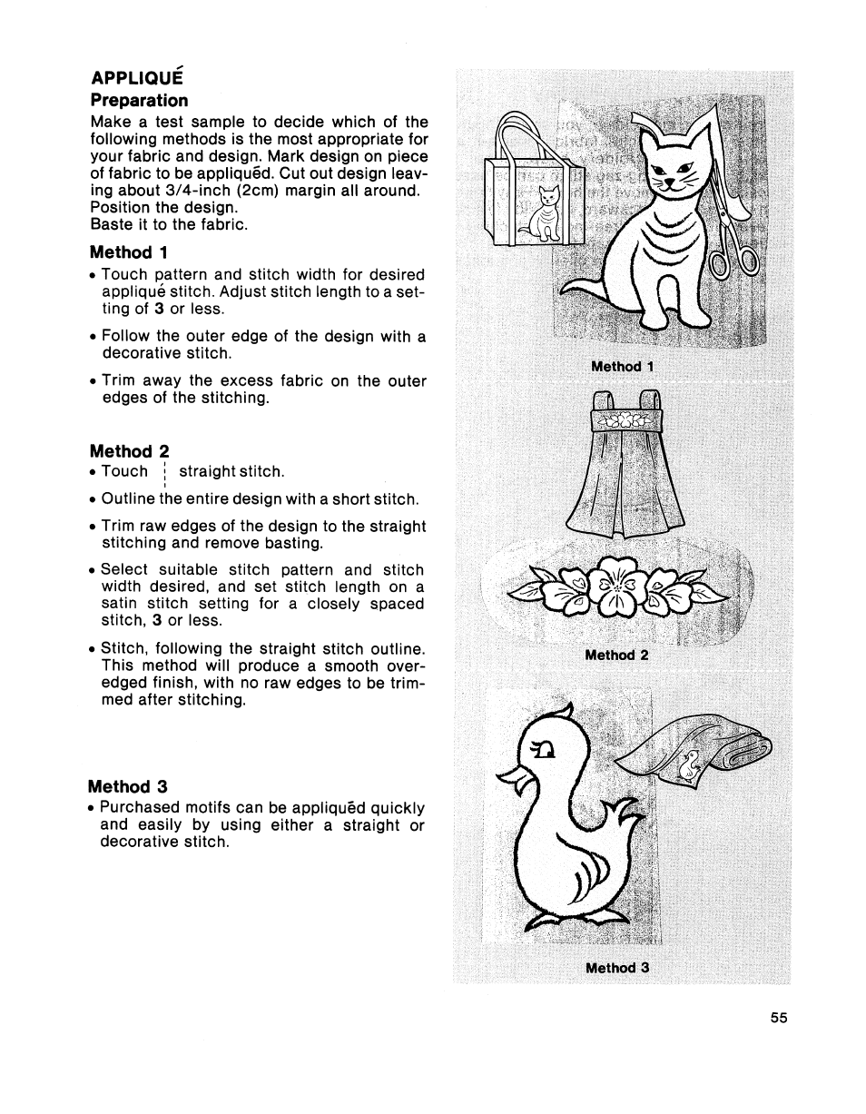 Applique, Preparation, Method 1 | Method 2, Method 3 | SINGER 2001 TouchTronic User Manual | Page 61 / 126