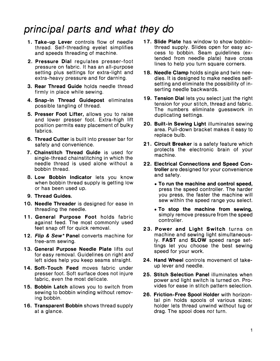 Principal parts and what they do | SINGER 2001 TouchTronic User Manual | Page 7 / 126