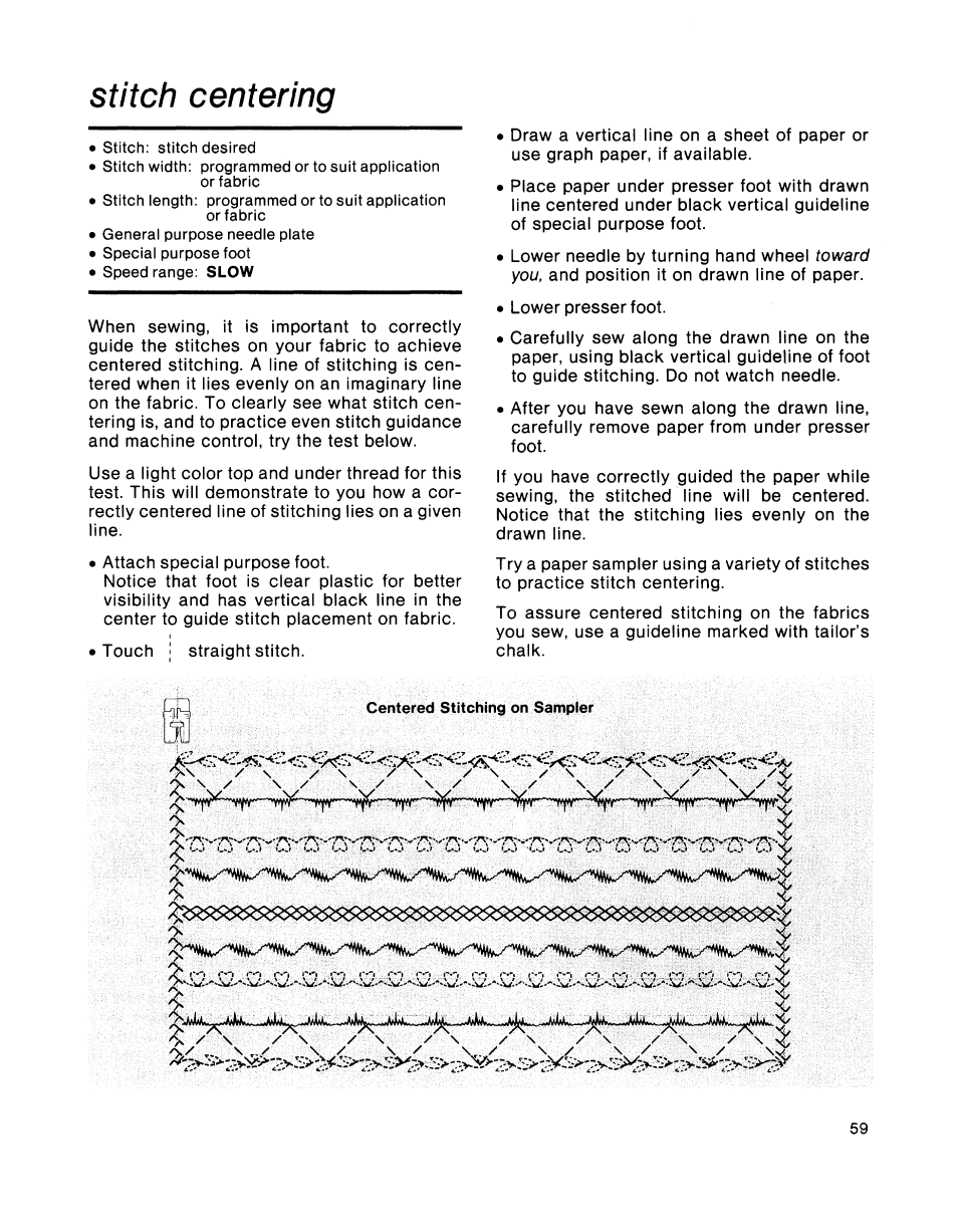 Stitch centering | SINGER 2001 TouchTronic User Manual | Page 73 / 126