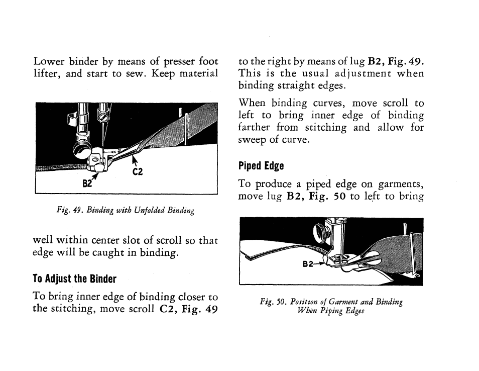 To adjust the binder, Piped edge | SINGER 201 User Manual | Page 49 / 76