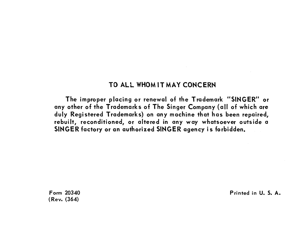 SINGER 201 User Manual | Page 75 / 76