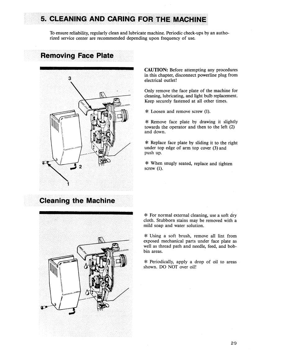 Cleaning and caring for the machine, Removing face plate, Cleaning the machine | SINGER 2112 User Manual | Page 31 / 36