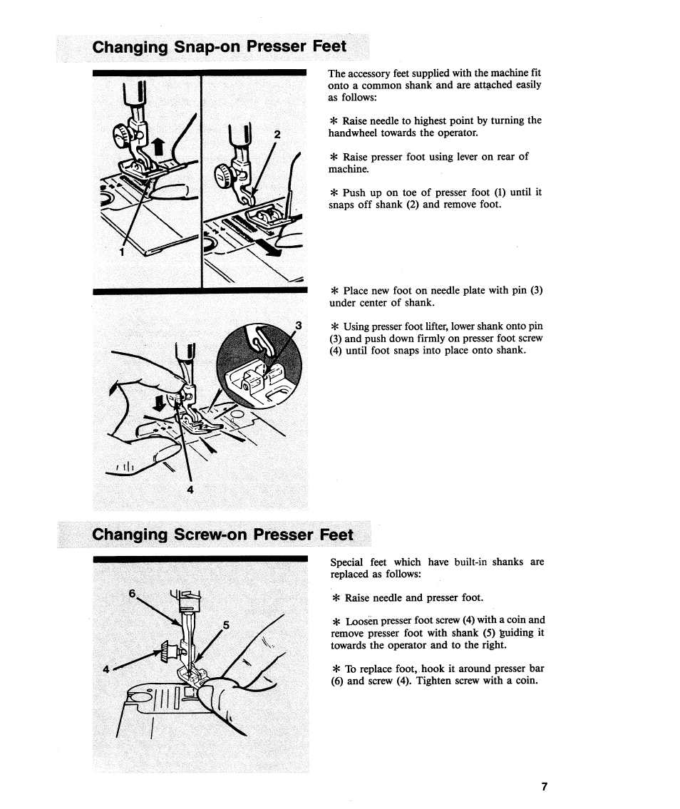 Changing snap>on presser feet, Changing screw-on presser feet | SINGER 2112 User Manual | Page 9 / 36