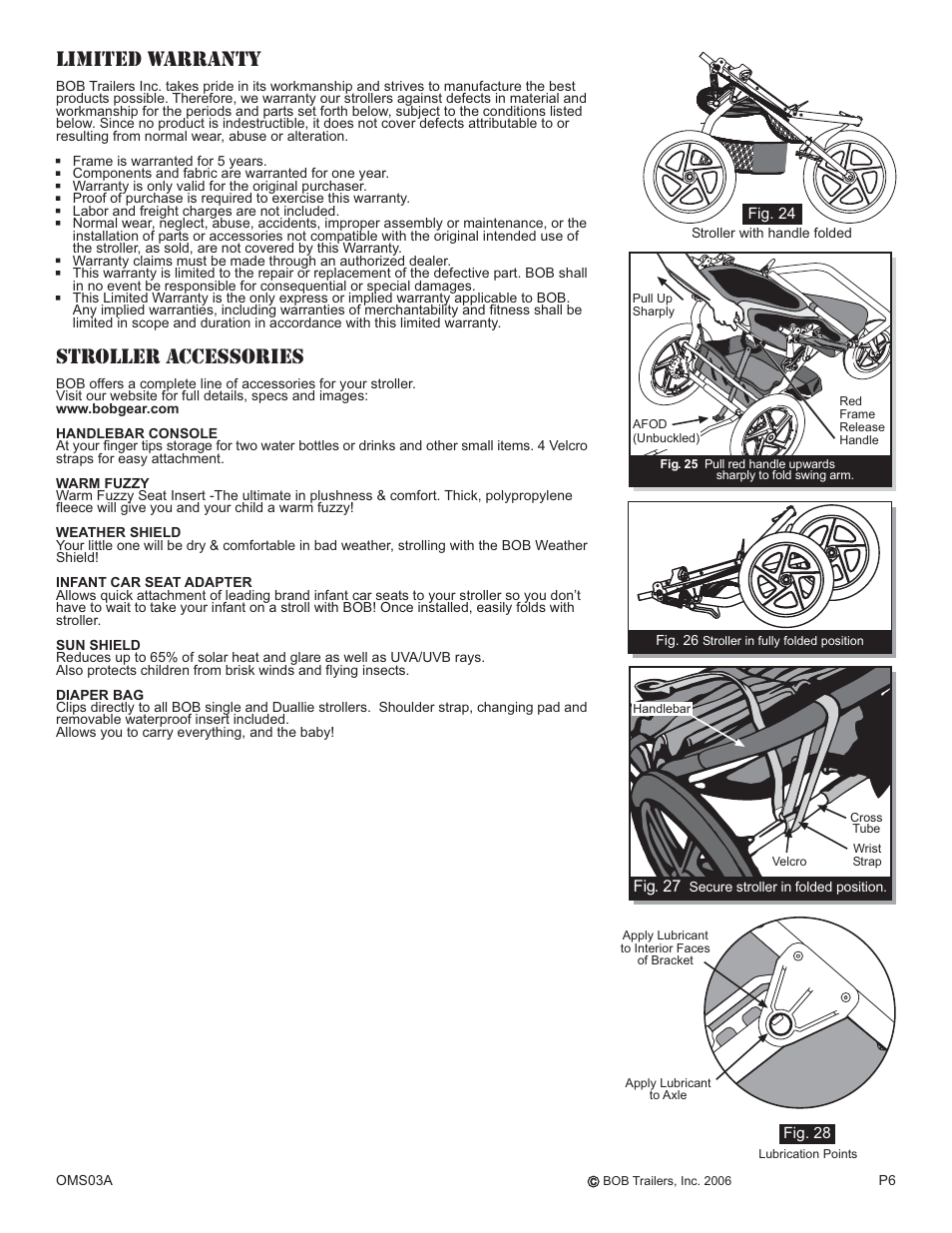 Limited warranty, Stroller accessories | BOB OMS03A User Manual | Page 6 / 7