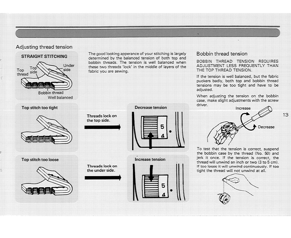 Adjusting thread tension, Bobbin thread tension, 51=^ u | SINGER 214 User Manual | Page 15 / 26