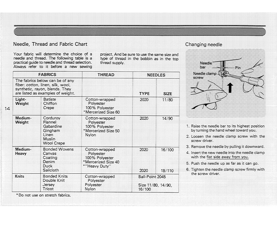 Needle, thread and fabric chart, Changing needie | SINGER 214 User Manual | Page 16 / 26