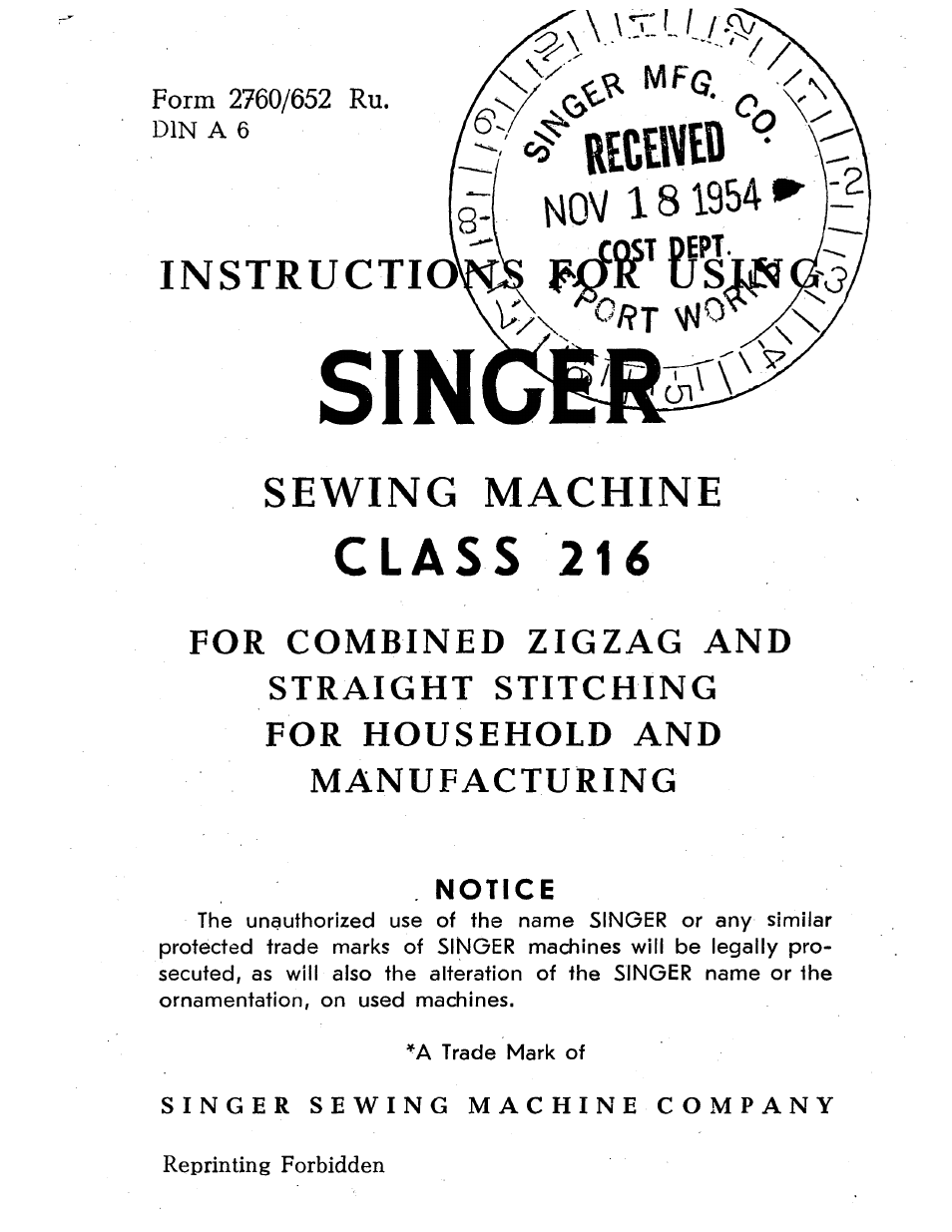 Instructio, Sewing machine, Notice | Instructio sewing machine | SINGER 216G User Manual | Page 3 / 70