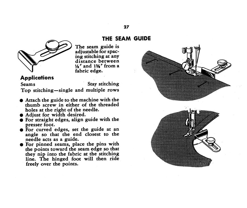 Applications, The seam guide | SINGER 221K Featherweight User Manual | Page 29 / 56