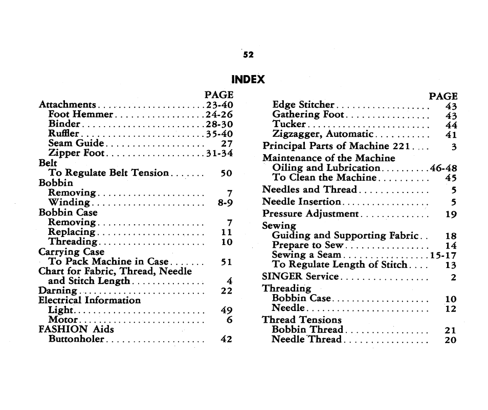 Index | SINGER 221K Featherweight User Manual | Page 54 / 56