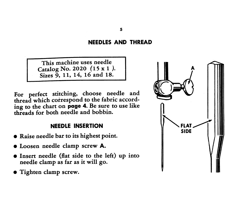 Needles and thread, Needle insertion | SINGER 221K Featherweight User Manual | Page 7 / 56