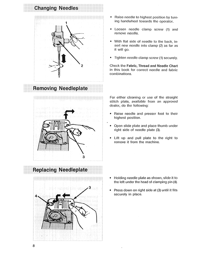 Changing needles, Removing needleplaie, Replacing needleplate | SINGER 2210 Athena User Manual | Page 10 / 52